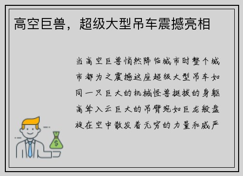 高空巨兽，超级大型吊车震撼亮相
